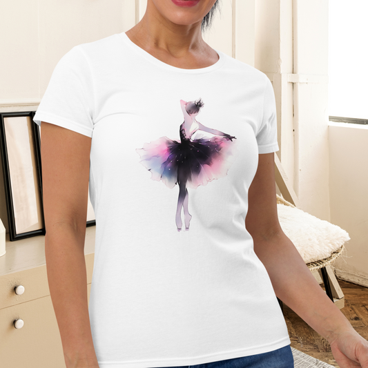 woman wearing a White t-shirt featuring an ethereal black swan ballerina dancing gracefully. Delicate yet bold design, perfect for ballet lovers and dark romance aesthetics. Soft fabric, stylish and timeless.